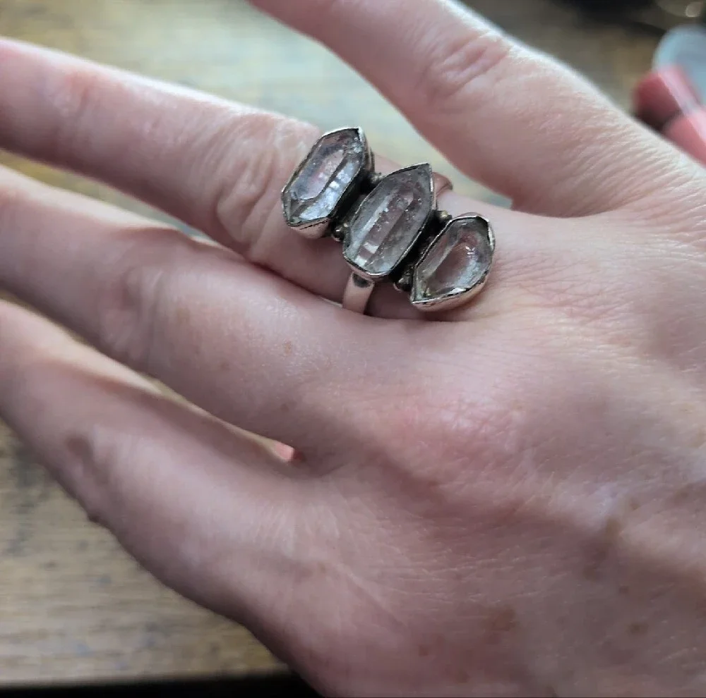 Sterling Silver Triple Raw Cut Herkimar Diamond Ring